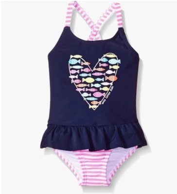 Kiko & Max Girls' One Piece Peplum Swimsuit Navy Fish Heart Size 4 - Image 1 of 2