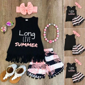 3PCS Toddler Baby Kids Girl Tank Vest Tops T-Shirt+Shrots Outfit Set Clothes - Picture 1 of 7