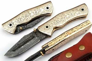 White Copper Executive Series Damascus Folding Knife Brass & Copper File work - Picture 1 of 6
