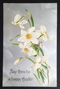 Frohe Ostern weiße Narzissen Postkarte silber geprägt um 1910 Blumen Deutschland - Bild 1 von 2