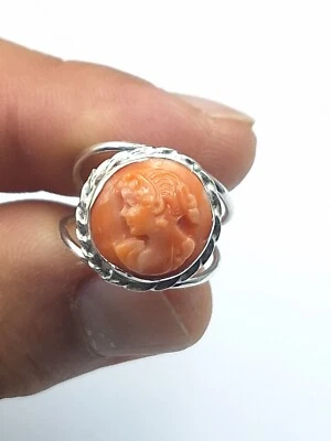 Anello Cameo vero corallo Jiapone Rosa Antico e Argento 925 Oro Bianco Rodiato  - Immagine 1 di 4