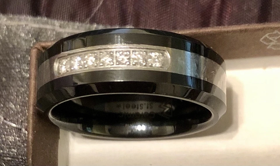 Men's Size 10 Stainless Steel And Ceramic Ring With 1/6 ct Round-cut ￼Diamonds - Image 1 of 3