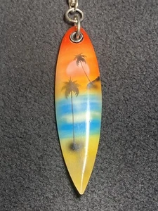Miniature Wooden Surfboard Palm Trees & Beach Keyring Keychain - Picture 1 of 8