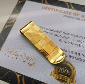 24Ct Gold Plated Polished Checker Money Clip Cash Note Card Holder Gift Bag 24k - Picture 1 of 3