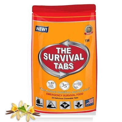 THE SURVIVAL TABS Hurricane Survival Food 2 Day Supply 24 Tablets Vanilla Malt Flavor