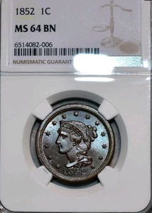 RAZOR-SHARP 1852 Large Cent MS 64 BN - Picture 1 of 11
