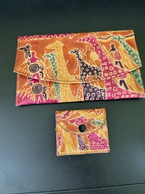 Lote de 2 bolsas de moedas de couro genuíno girafas multicoloridas carteira safári em relevo - Imagem 1 de 4
