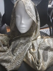 GOLD, SILVER AND BLACK SILK LONG SHAWL - Picture 1 of 3