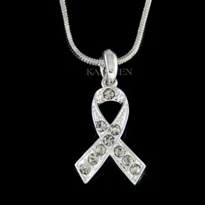 Gray Brain Cancer & Tumor Awareness Ribbon made with Swarovski Crystal Necklace - Picture 1 of 5