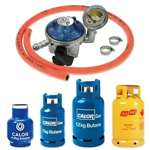 BUTANE GAS BOTTLE REGULATOR WITH PRESSURE GAUGE 1m ORANGE HOSE 28mbar CLIP ON - Picture 1 of 20