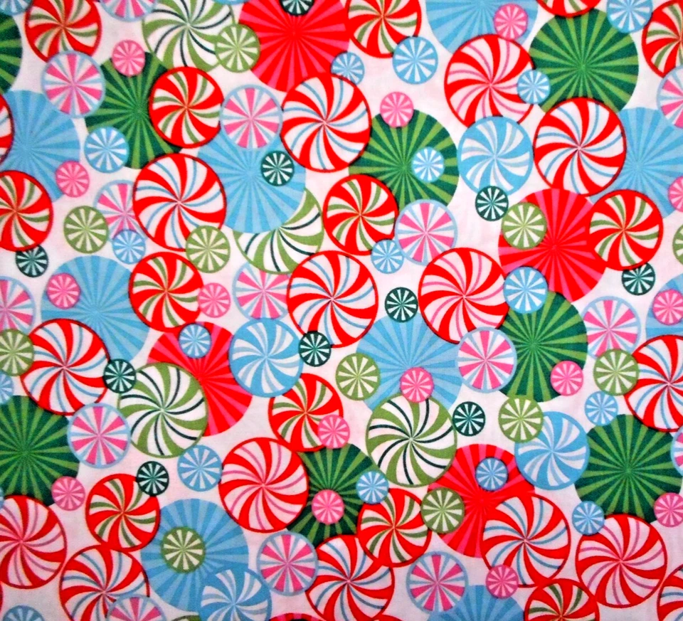 Christmas Fabric Short Yard Peppermint Xmas Candy on White Premium Cotton #25 - Image 1 of 2