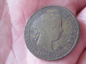 COINS - 1868 Spanish 1 escudo Silver Coin - Queen Isabell II Queen Of Spain - Picture 1 of 4