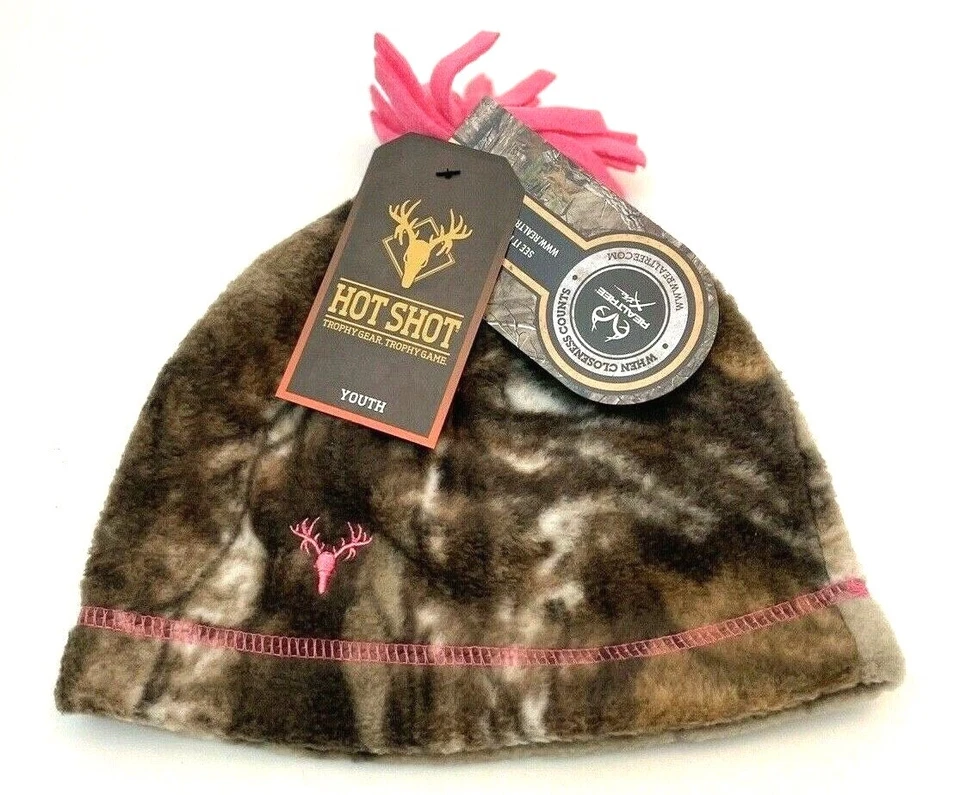Hot Shot Realtree Fleece Beanie Pink Pom Pom Youth Girls One Size 4-6X Cap Hat - Image 1 of 4
