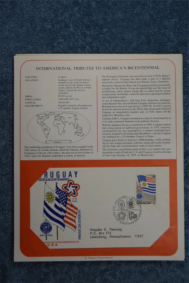 1975 Tributes to America's Bicentennial Souvenir Card - Uruguay - Image 1 of 1