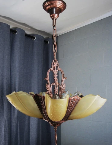 Slip Shade Art Deco 5 Light & 5 Shade Chandelier Restored Original Copper Finish Cover