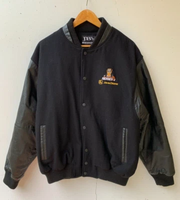 John Deere Mens Black Vintage Leather Wool Blend Quilted Bomber Jacket - Size M - Image 1 of 4