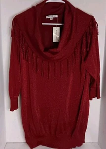 Studio Works Women's Fringed Cowl Neck Top 3/4 Sleeves Sparkling Red Size 2X New - Picture 1 of 8
