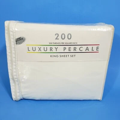 New King LUXURY PERCALE 200 Threads Count Sheet Set Ivory NEW B8 - Image 1 of 4