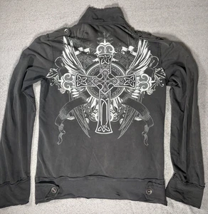 Bke Buckle Full Zip Track Jacket Cross Graphic Distressed Mens L Grunge Y2K Goth - Picture 1 of 14