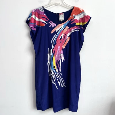 Yoana Baraschi Shift Dress L Royal Blue Sequins Party SILK Anthropologie Party - Image 1 of 4