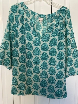 Merona Women’s Tunic Blouse Bohemian Pattern Size L Boho Teal And Cream - Image 1 of 4