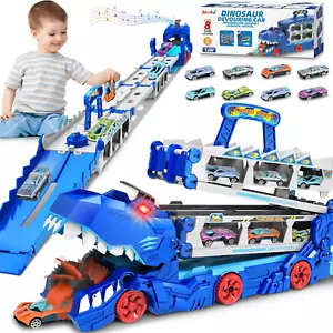 Carrier Truck Toys for Kids, 6-FT Race Track and 8 Die-Cast Metal Toy Cars, Dino - Picture 1 of 12