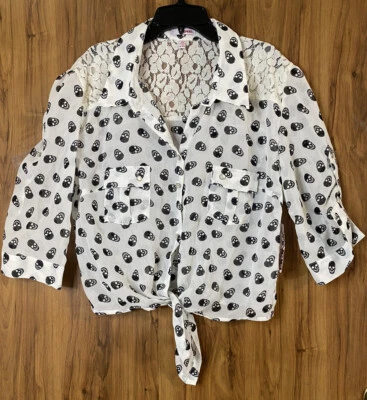 Skull Button Up Blouse Plus Size XL White Tie Up Top - Goth Alt Nerd Girl Office - Image 1 of 4