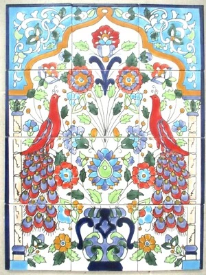 18" x 24 Ceramic tile art Mosaic wall mural PEACOCKS floral BACKSPLASH  - Image 1 of 4