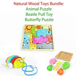 Wooden Toys Bundle for Preschoolers, Toddlers - Animal Puzzles and Pull Toy - Picture 1 of 5