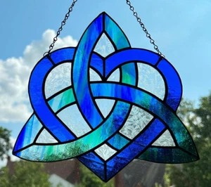 SISTERS CELTIC KNOT Authentic Ocean Blue Green Handmade Stained Glass SUNCATCHER - Picture 1 of 24
