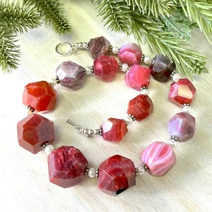LUC Lucas Lameth Pink Agate Pearl Necklace, Faceted Gemstone Choker, 925 Silver - Picture 1 of 16
