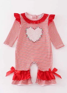 Girl's Boutique Red Stripe Valentine Heart Applique Embroidery Embroidered Rompe - Picture 1 of 8