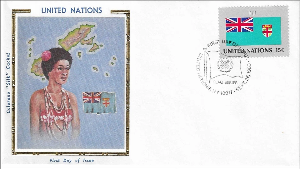 Fiji National Costume Dress Flag Map UN Gold Folio Silk FDC Cachet 1980 - Image 1 of 1