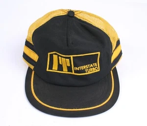 Vintage Interstate Turbo 3 Stripe Trucker Hat Cap Black Yellow Snap Back USA - Picture 1 of 6