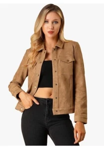 NEW Allegra K Brown faux suede Lightweight Womens Motorcycle Jacket Sz XS - Picture 1 of 11