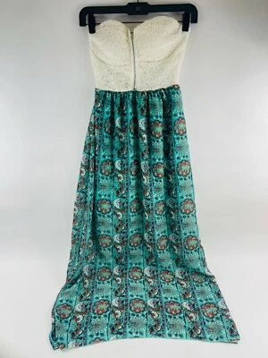 Rue21 无肩带长裙女式 M 白色绿松石花卉佩斯利前拉链 — 第 1/4 张图片