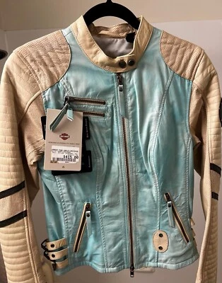 Chaqueta de cuero Harley Davidson ESCAPADES Aqua para mujer pequeña envejecida Foto 1 de 3