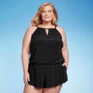 Aqua Green Women's High Neck Swim Romper with Pockets Black Plus Size 22 - Picture 1 of 15