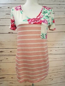 Staccato Pink Floral Striped KniT Colorblock Tee V-Neck Top Boutique Shirt Women - Picture 1 of 3