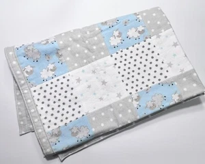 Baby Quilt Lambs Sheep Block Print Gray Polka Dot Crib Blanket 34” x43 1/2” - Picture 1 of 8