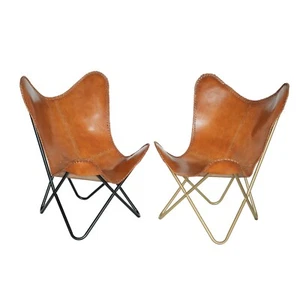 Set of 2 Folding Buffalo Leather Butterfly Sleeper Seat Lounge Accent Arm Chair - Picture 1 of 15