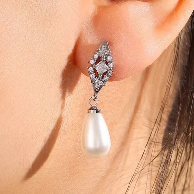 Ohrringe Geometrische Zirkon Tropfen Perlen Ohrringe Silber oder Gold Farbe - Bild 1 von 4