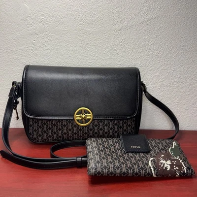 Bolso Fossil Cartera y Cartera Jazmín Mujer Negro Monograma Logo Solapa Hombro Foto 1 de 4
