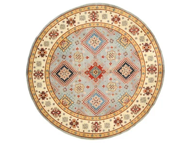 Handmade Kazak Round Rug 8X8 ft Geometric Oriental Wool Carpet Living Room - Image 1 of 4