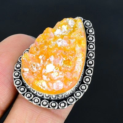 Orange Titanium Druzy 925 Silver Plated Handmade Ring of US Size 7 - Image 1 of 3