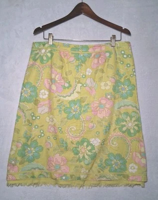 Falda Midi Sigrid Olsen 100% Lino Floral Talla 10 Amarillo Verde Boho Cottagecore Foto 1 de 4
