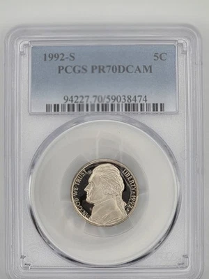 1992-S 5C Proof Jefferson Nickel PCGS PR70 DCAM Top Pop Spotless Free Shipping - Image 1 of 4