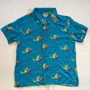 Rare Party Pants Mens All Over Print Green Dinosaur Jet Ski Button Up Shirt XL - Picture 1 of 6