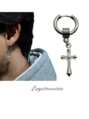 Orecchino con croce pendente da uomo in acciaio inox cerchi donna argento.   - Immagine 1 di 4