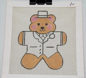  Hand Painted Needlepoint Canvas white groom teddy bear 5" x 4-1/2" - Picture 1 of 2